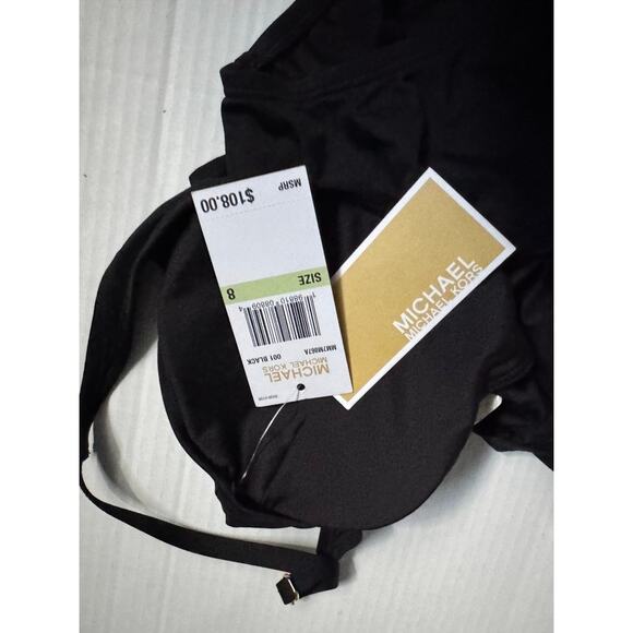 Michael Kors Black One Piece Swimsuit Size 8 NWT $108 MSRP Belted Ring Detail - Picture 2 of 7